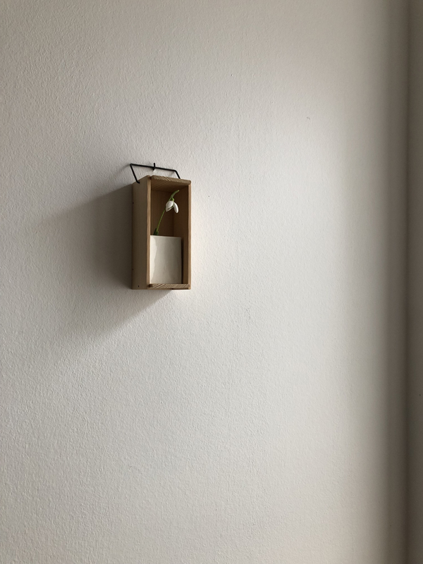 snowdrop, pine wood, iron, porcelain